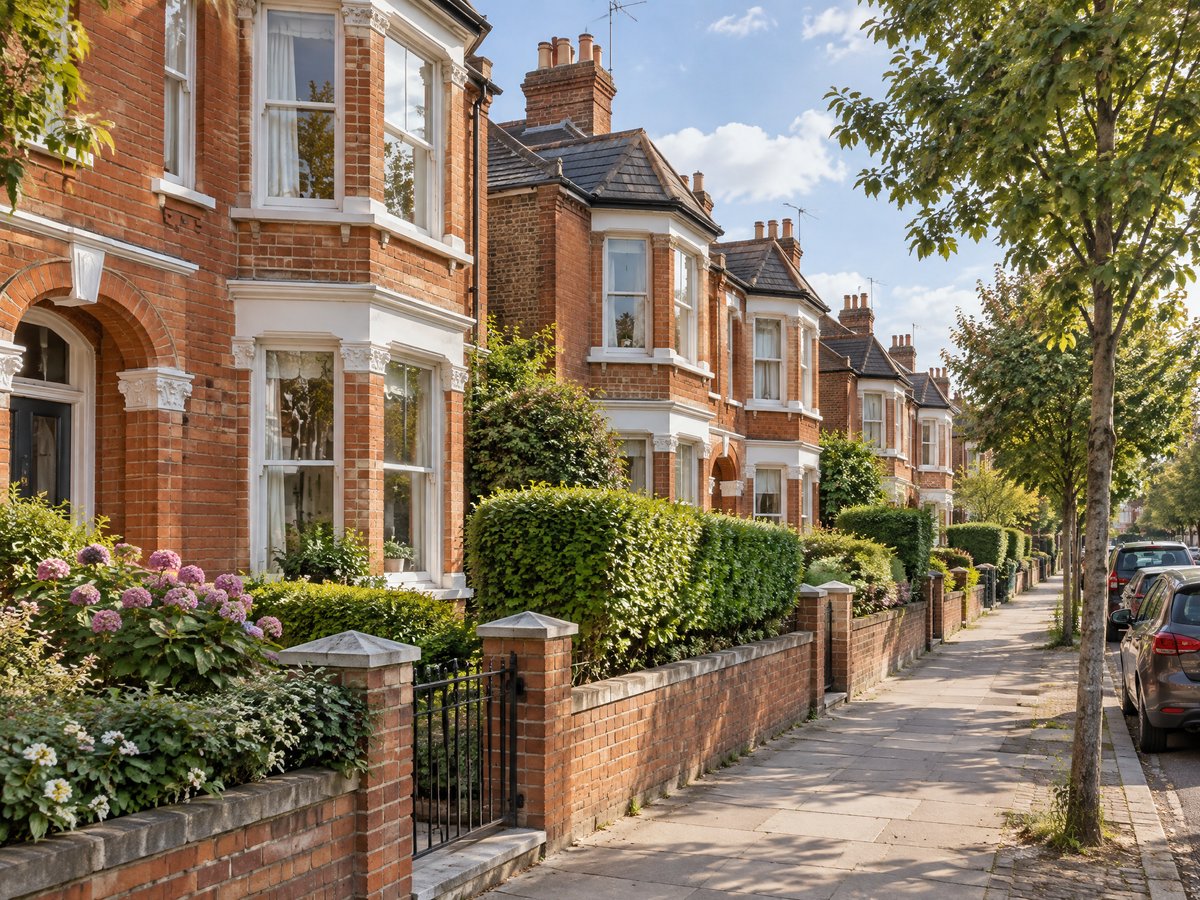 A street of red-brick English houses