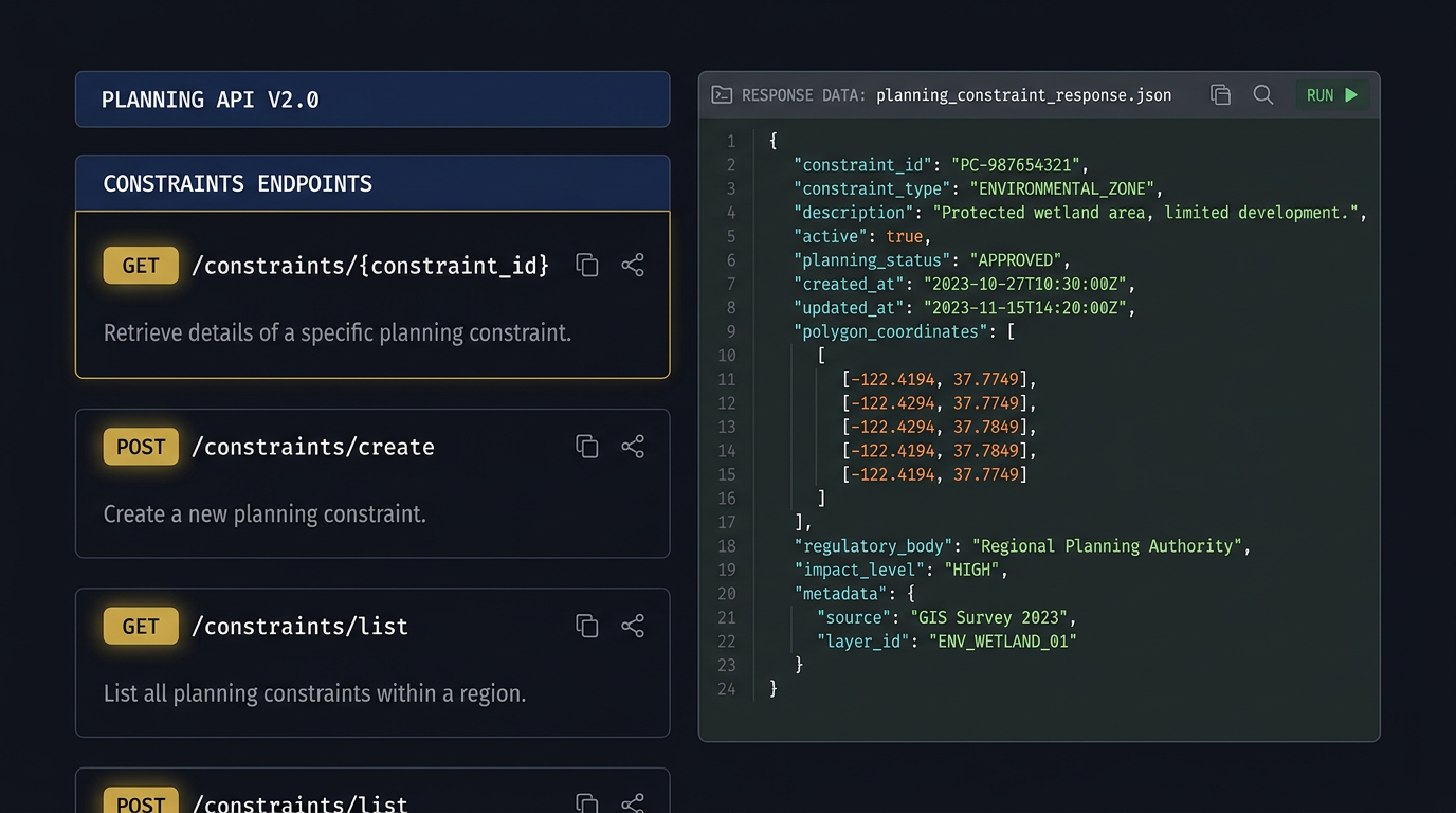 LandLens API documentation showing endpoint definitions and JSON response examples