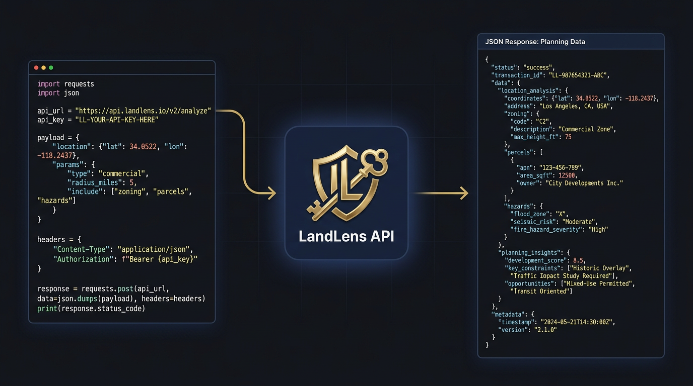 LandLens API integration flow showing request, authentication, and JSON response