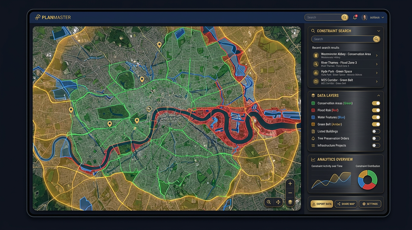LandLens constraint map showing planning data overlays on an interactive UK map
