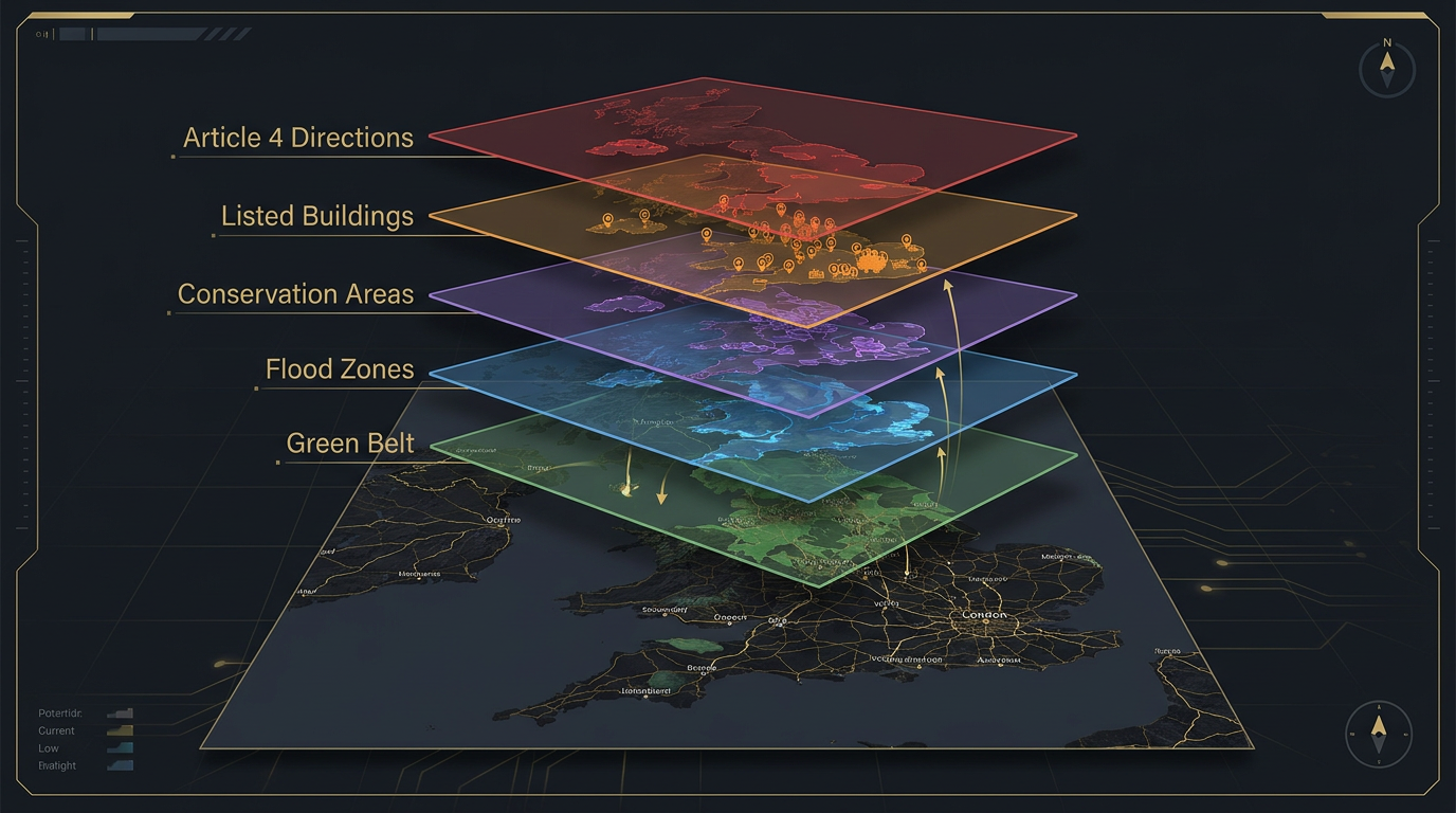 LandLens data layers stacking over a UK map showing flood zones, conservation areas, green belt, listed buildings and Article 4 directions